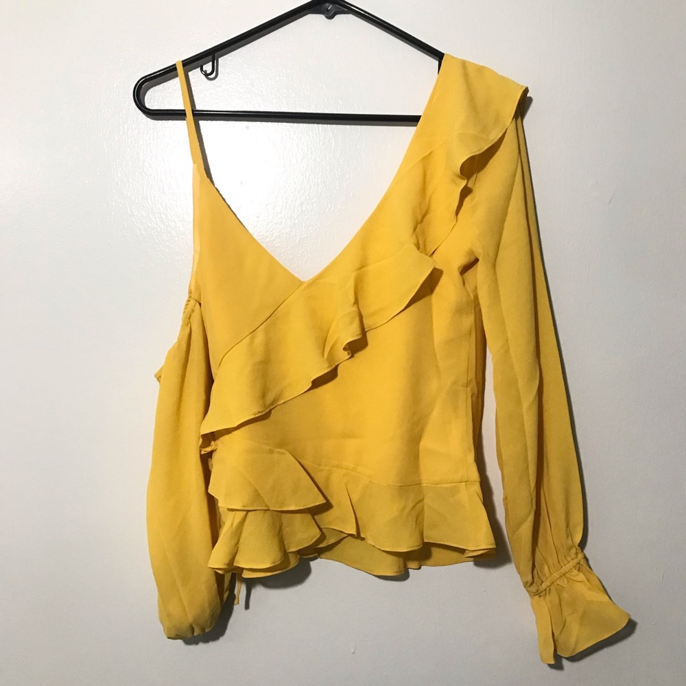 LPA Asymmetrical Ruffle Wrap Top Golden Yellow Sml - Picture 6 of 7